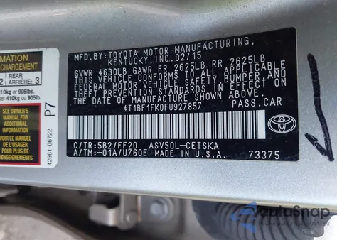 2015 Toyota Camry Se из США, поврежденный, VIN 4T1BF1FK0FU927857